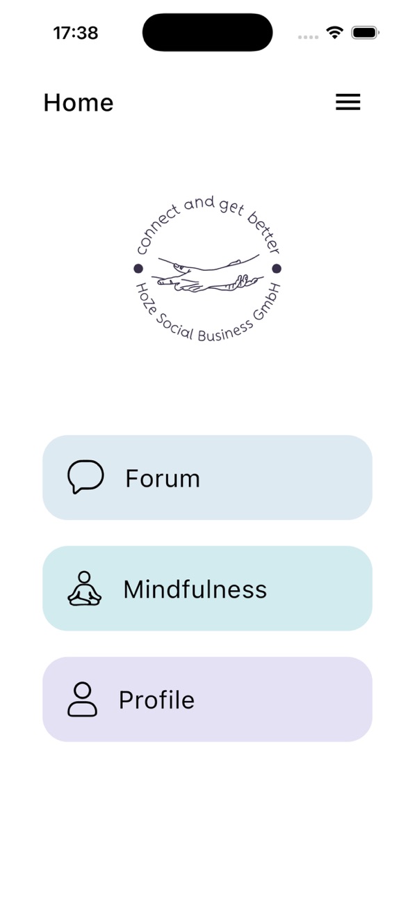 Home screen of the connect and get better app with Forum, Mindfulness and Profile