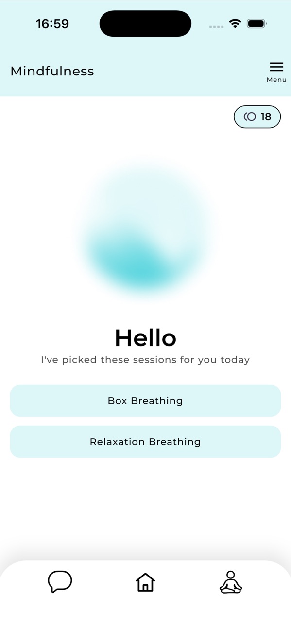Mindfulness section with two breathing exercises to choose from